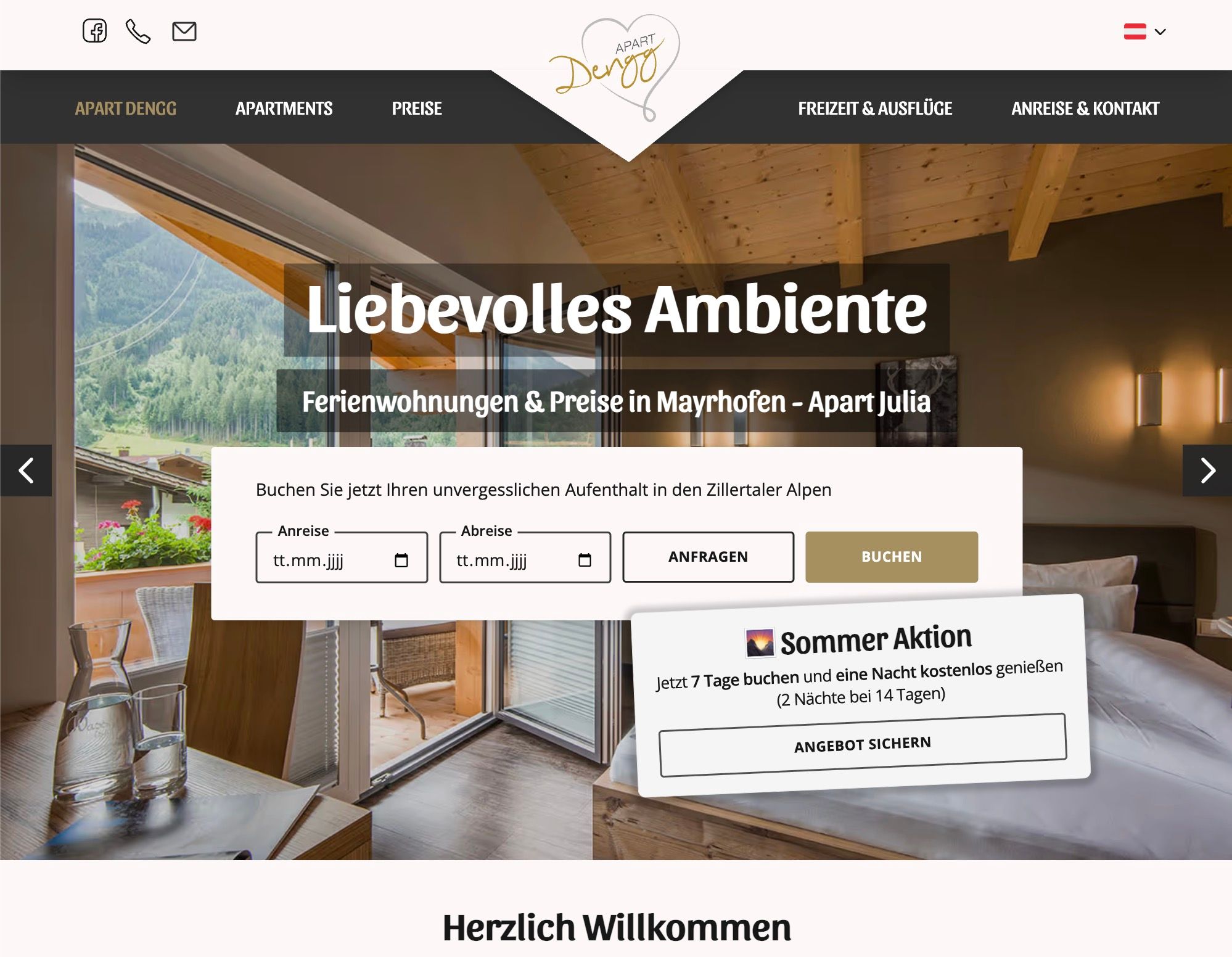 Screenshot von www.apartments-dengg.at | Eine übersichtliche Homepage mit integriertem Online-Buchungssystem in Tirol
