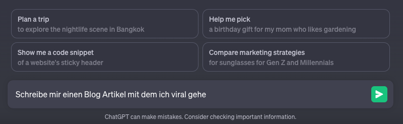 Screenshot ChatGPT Prompt - Erstelle mir einen Blog Artikel
