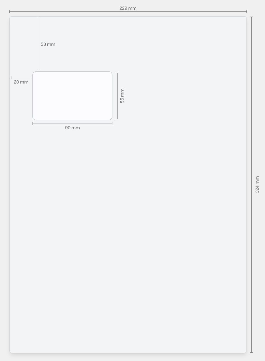 Eine Skizze von einem DIN C4 Briefumschlag mit einem Sichtfenster und allen Abmessungen in Millimeter eingezeichnet