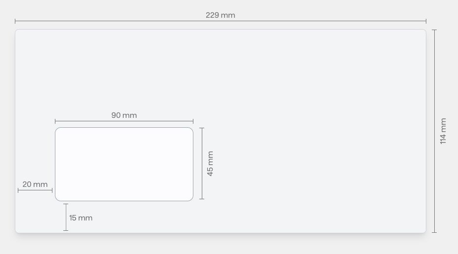 Eine Skizze von einem DIN C6/C5 Briefumschlag mit einem Sichtfenster und allen Abmessungen in Millimeter eingezeichnet