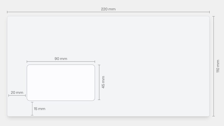 Eine Skizze von einem DIN Lang Briefumschlag mit einem Sichtfenster und allen Abmessungen in Millimeter eingezeichnet