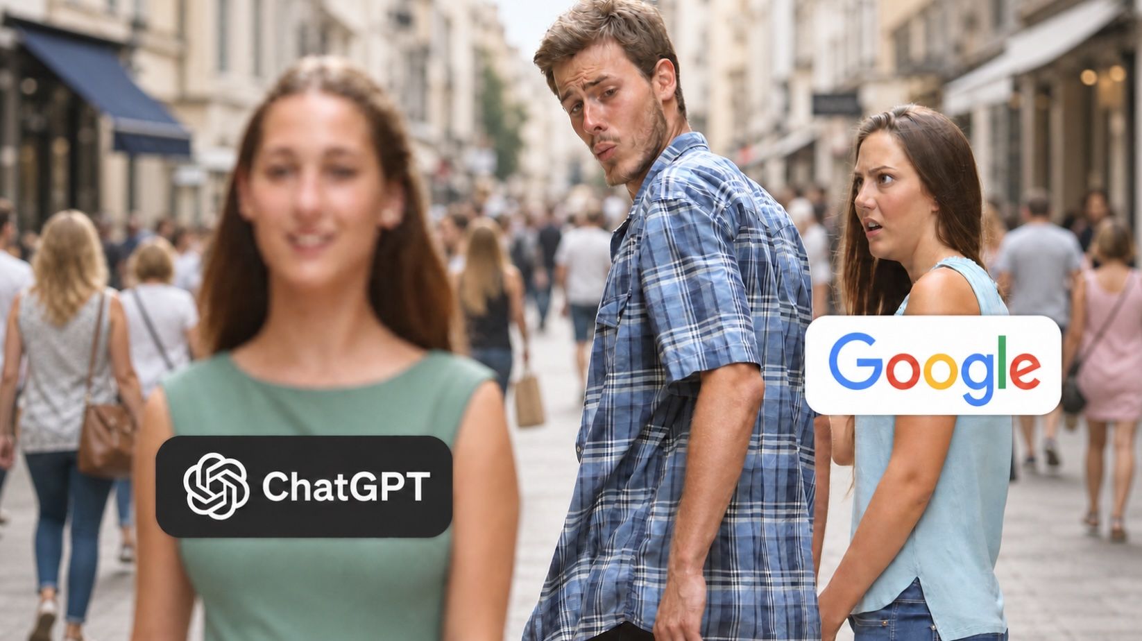Meme-Symbolbild - Ein Nutzer wendet sich von Google ab und dreht sich nach ChatGPT um