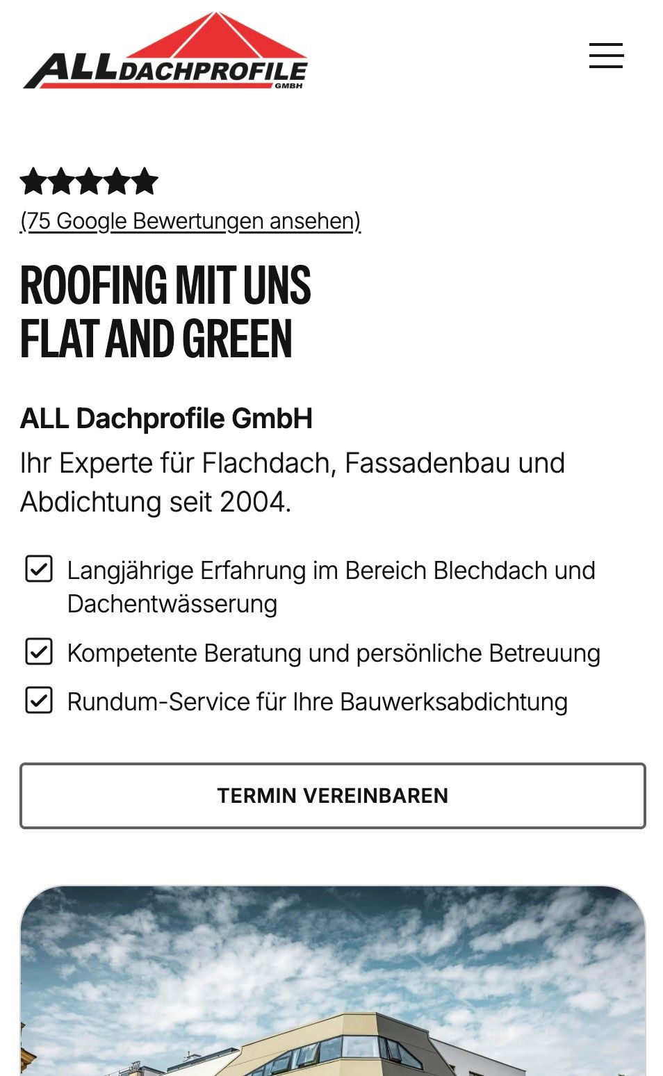 Website von ALL Dachprofile, Flachdach- und Fassadenbau in Graz