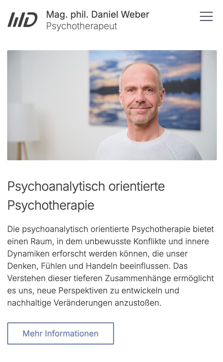 Screenshot von der Internetseite www.daniel-weber.at: Eine mobile-First Website, die auf dem Handy schnell lädt und leicht bedienbar ist, erstellt von webgaudi.at