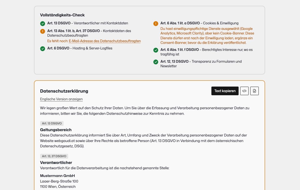Vollständigkeits-Check des Datenschutzerklärung-Generators mit Warnung zum fehlenden Cookie-Banner und Live-Vorschau mit Gesetzes-Badges pro Abschnitt