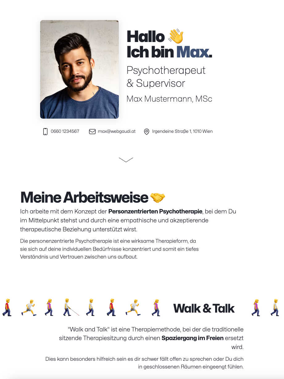 Ein Screenshot von der Startseite von der ersten Demo Website Max Mustermann