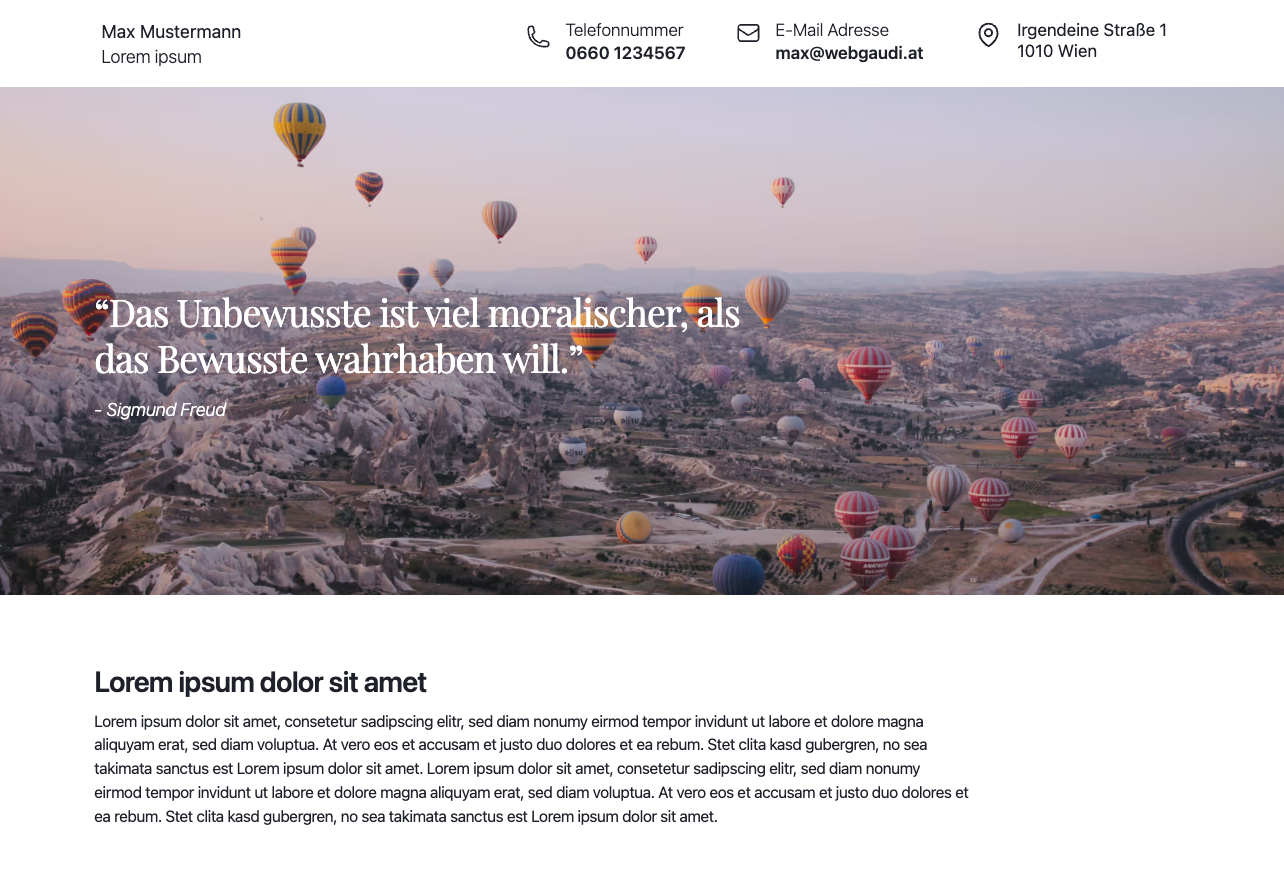 Ein Screenshot von der Startseite von der zweiten Demo Webseite Max Mustermann