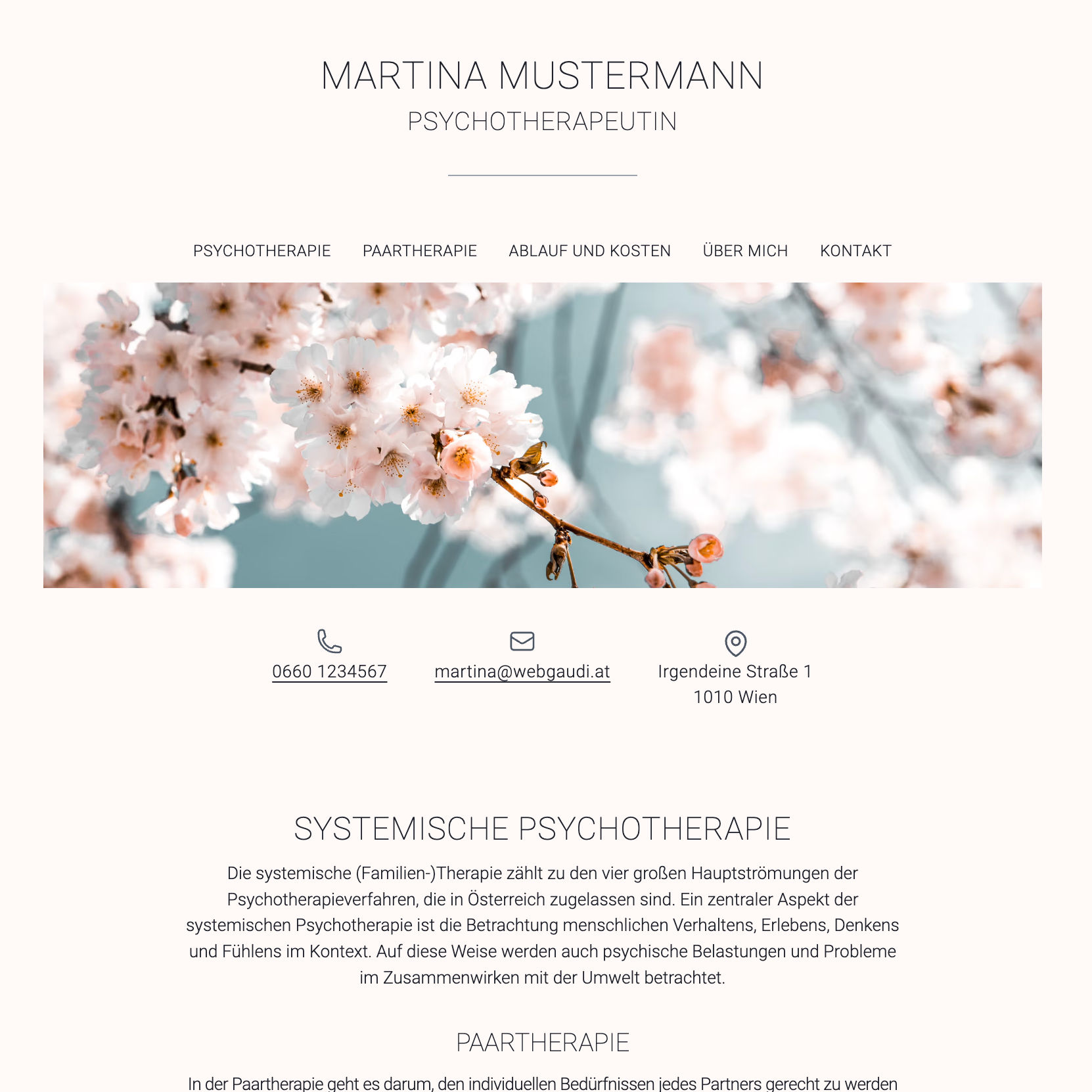 Ein Screenshot von der Startseite von der dritten Demo Website Martina Mustermann