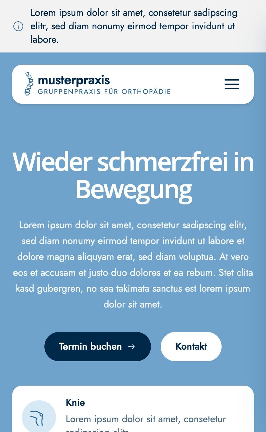 Screenshot der Website-Vorlage 5 unter webgaudi.at/demo5 in der Handy-Ansicht, ein klares hellblaues Design für Arztpraxen und Gruppenpraxen