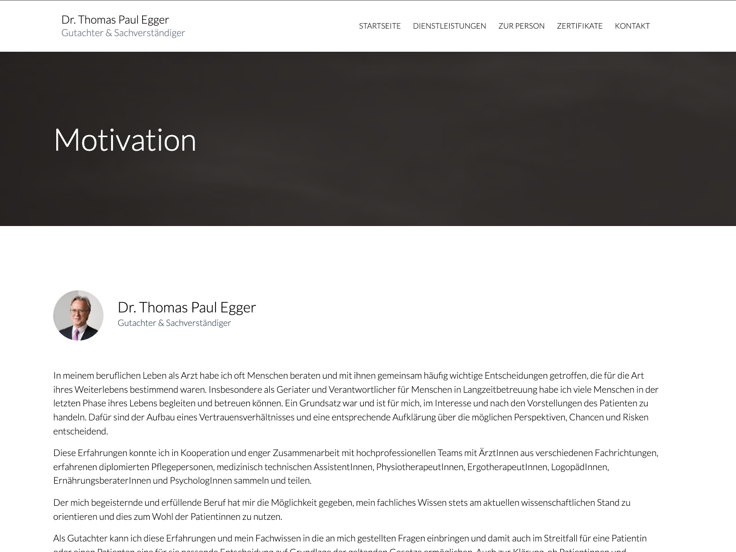 Ein Screenshot vom Bereich 'Motivation' der Website www.egger-internist.at