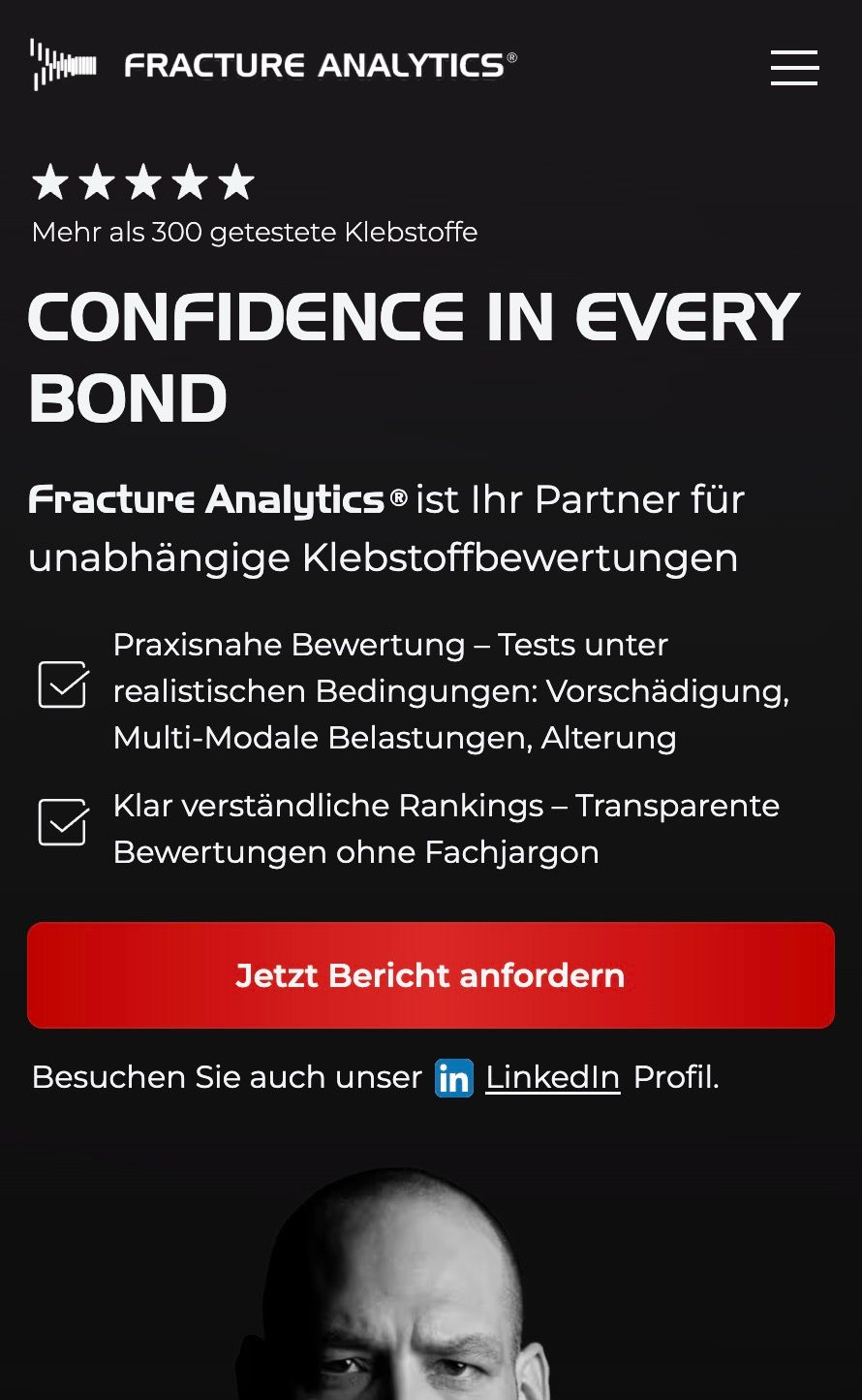Foto von der Homepage www.fractureanalytics.com: klarer Aufbau, mobil optimiert und auf den Kunden abgestimmt