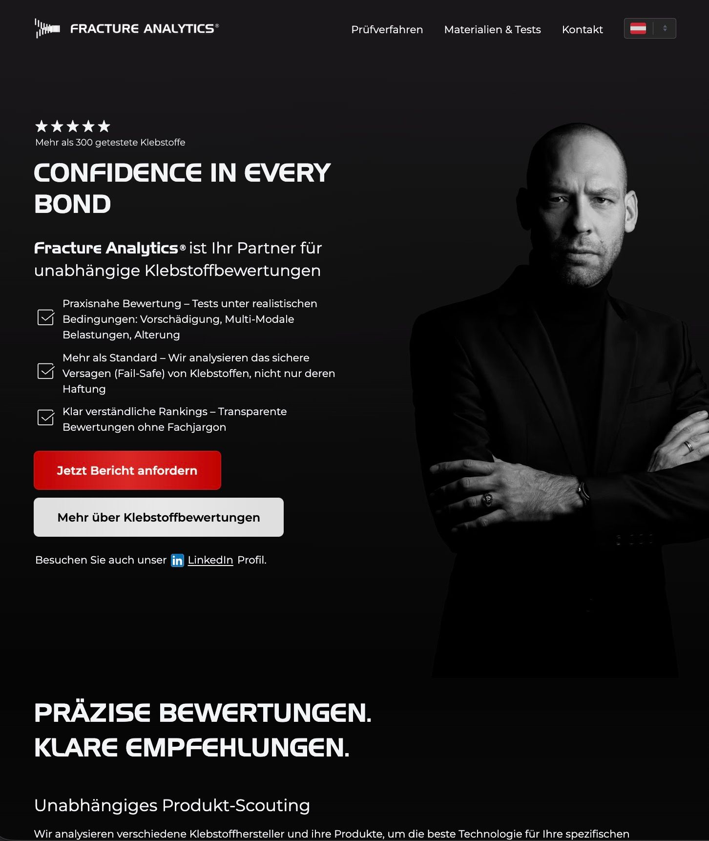 Foto von der Homepage www.fractureanalytics.com: klarer Aufbau, mobil optimiert und auf den Kunden abgestimmt