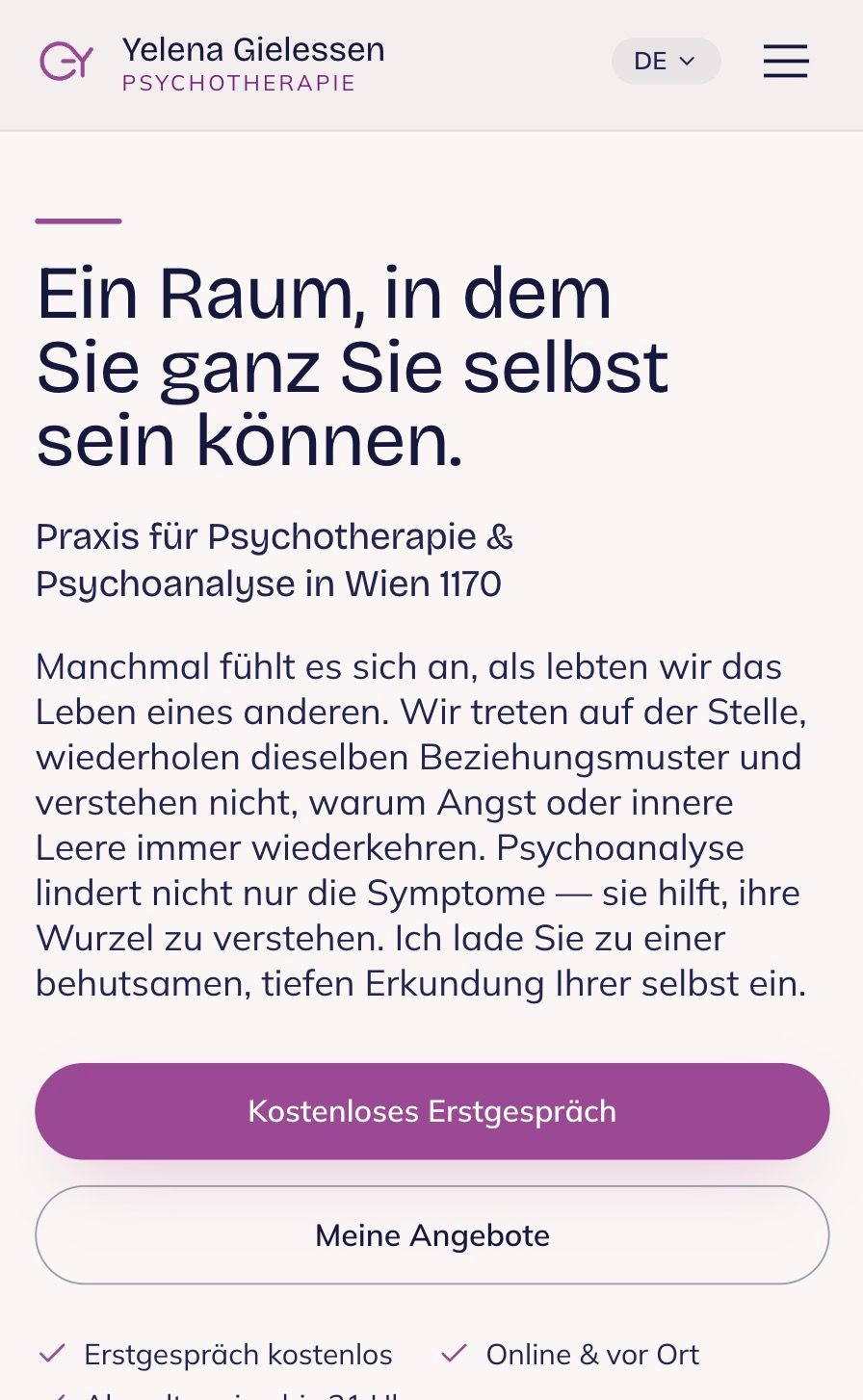 Screenshot der von webgaudi erstellten Website der Psychotherapeutin Yelena Gielessen, Praxis für Psychotherapie und Psychoanalyse in Wien 1170