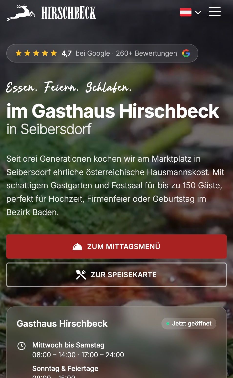 Restaurant-Website vom Gasthaus Hirschbeck in Seibersdorf