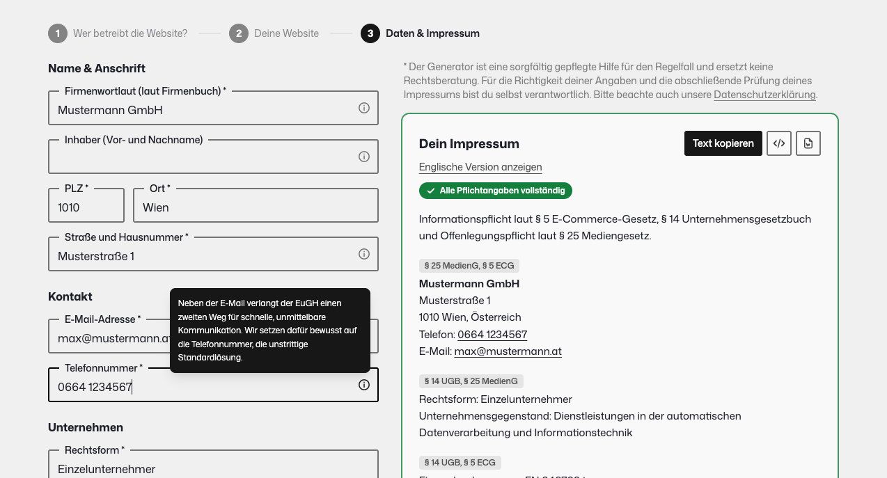 Live-Vorschau des Impressum-Generators mit Gesetzes-Badges pro Block und grünem Hinweis, dass alle Pflichtangaben vollständig sind