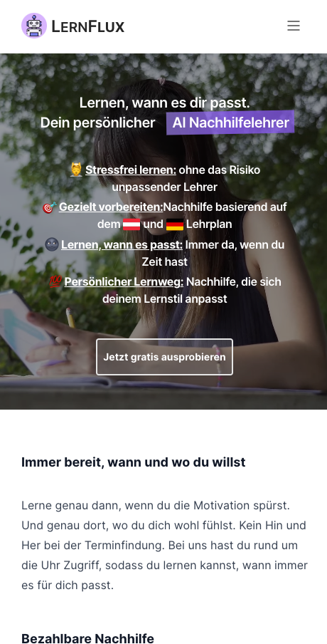 Screenshot von der Website www.lernflux.com