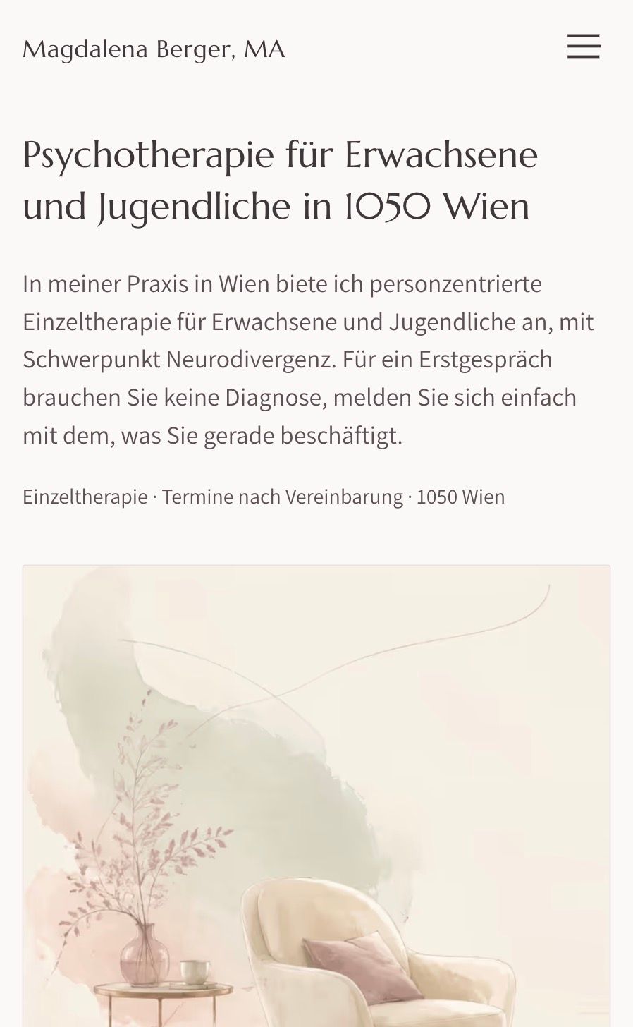 Screenshot der von webgaudi erstellten Website der Psychotherapeutin Magdalena Berger in Wien 1050, personzentrierte Einzeltherapie