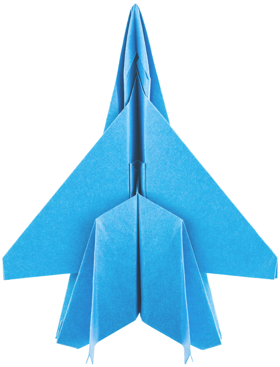 Ein senkrecht startender Papierflieger in blau