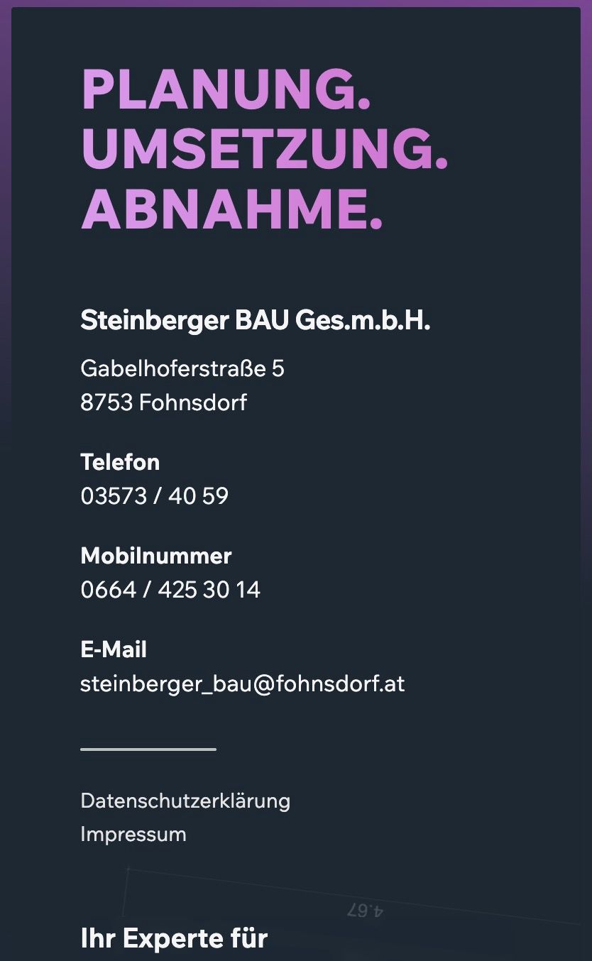 Website von Steinberger Bau in Fohnsdorf in der Steiermark