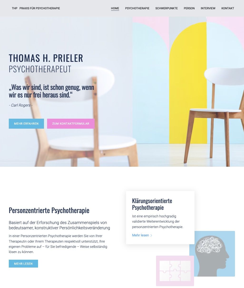 Screenshot Website www.thp-psychotherapie.at: Eine modern gestaltete Homepage, mobile Optimierung und klare Navigation durch webgaudi.at