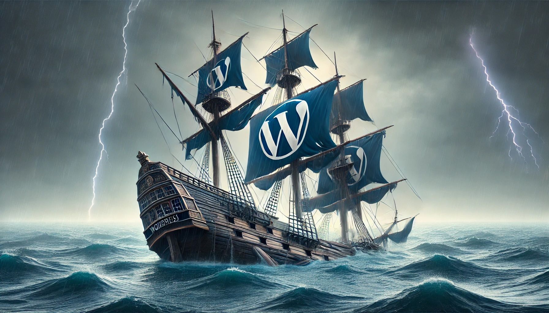 Schiff mit einem WordPress Logo auf dem Segel, welches im stürmischen Wetter auf hoher See droht unterzugehen