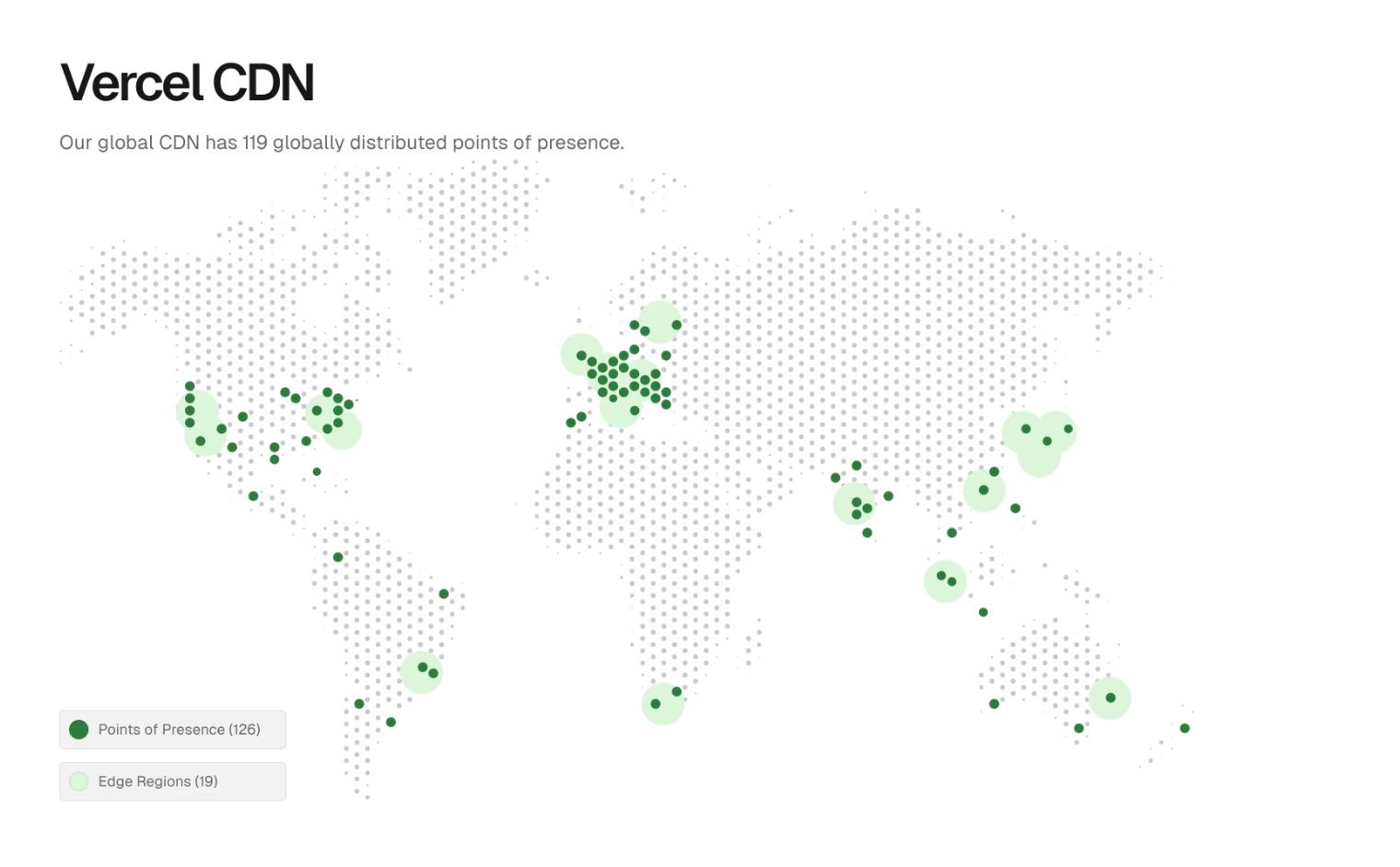 Weltkarte mit Vercels Points of Presence und Edge-Regionen, dem globalen Server-Netzwerk für schnelle Ladezeiten