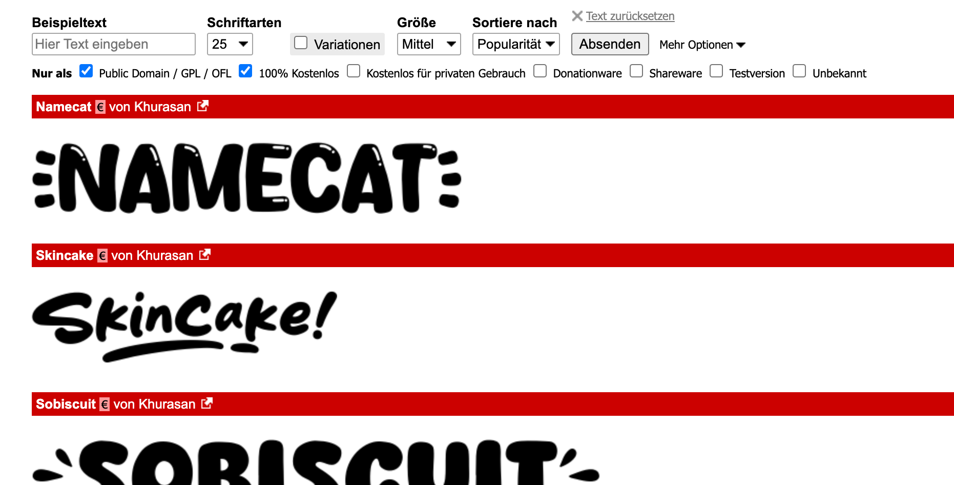 Screenshot von den Schriftarten auf dafont.com