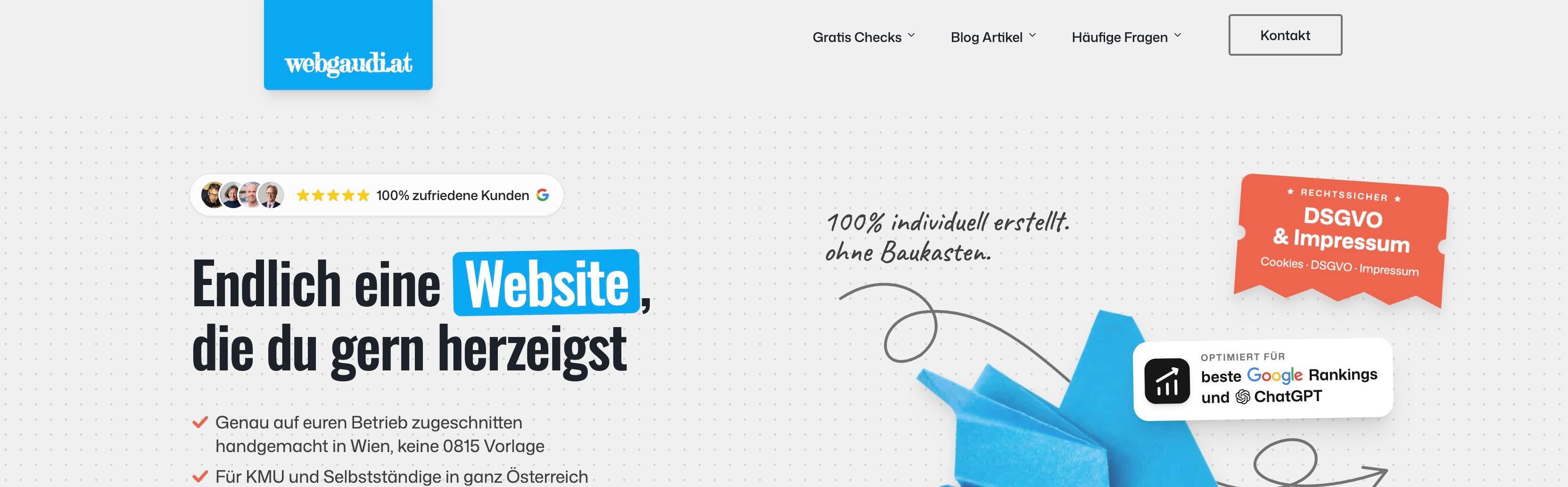 Screenshot von webgaudi.at mit einer schnell ladenden Website für Selbstständige und kleine Unternehmen