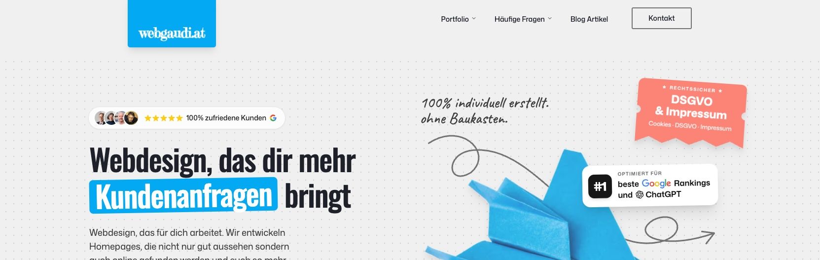 Screenshot von webgaudi.at mit einer schnell ladenden Website für Selbstständige und kleine Unternehmen