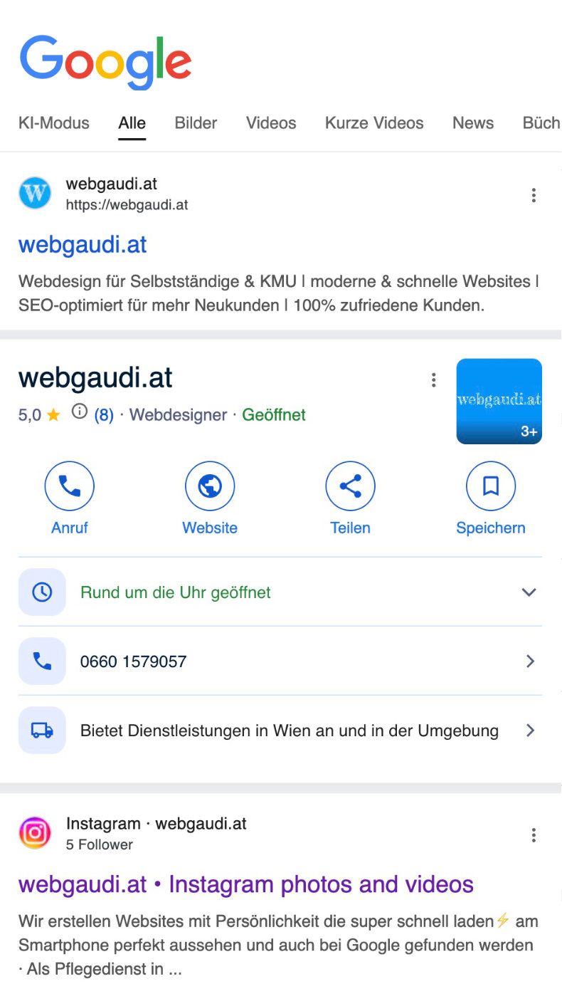 Screenshot der Google-Treffer für eine Website mit Fokus auf Sichtbarkeit und Neukunden