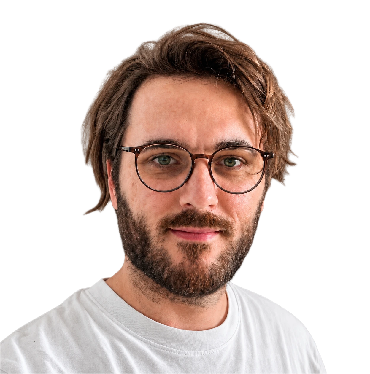 René, Webdesigner aus Wien und Gründer von webgaudi.at, mit Brille und weißem T-Shirt