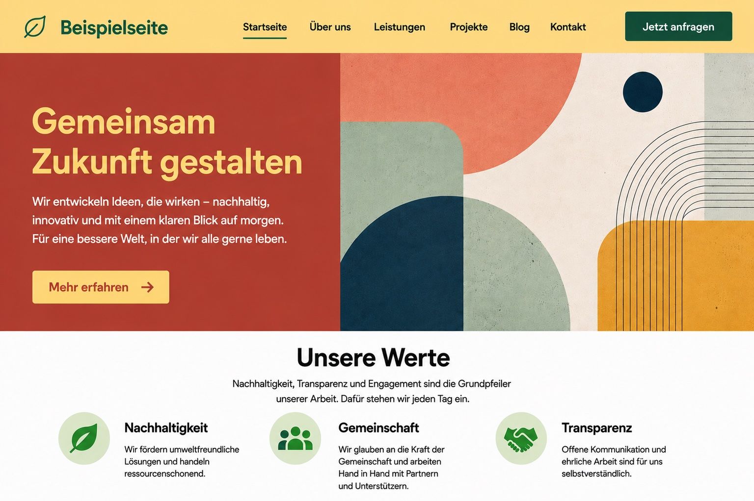 Dieselbe Beispiel-Website mit ausreichendem Kontrast, die Texte sind gut lesbar