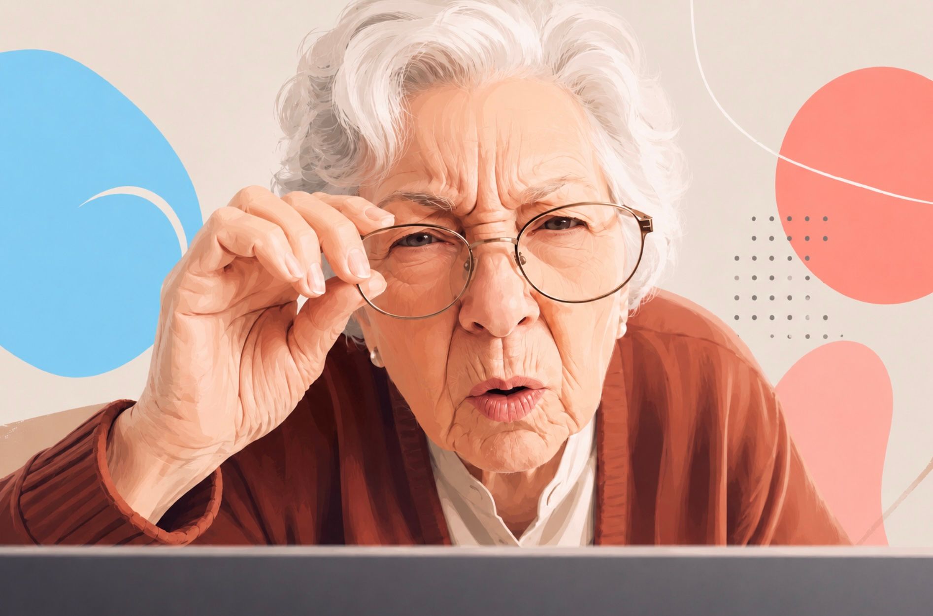 Ältere Frau mit Brille kneift vor dem Laptop die Augen zusammen, weil die Website schwer lesbar ist