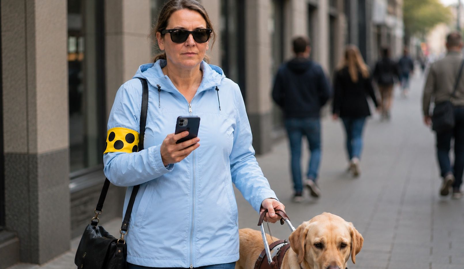 Eine blinde Frau mit Blindenführhund bedient ihr Smartphone in der Stadt, symbolisch für barrierefreie Websites in Österreich