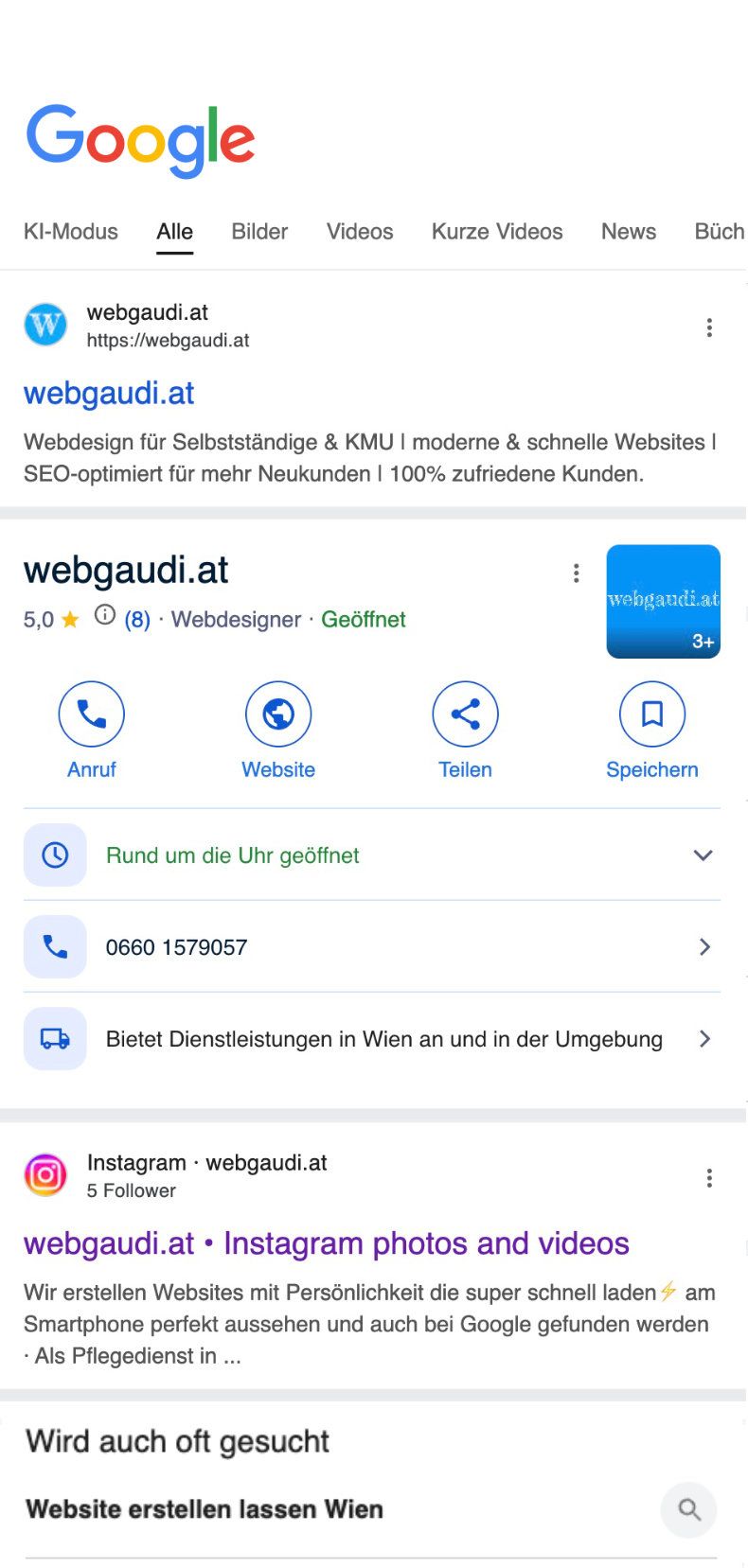 Mobile Google-Treffervorschau für eine Website, die auf Google gefunden werden soll