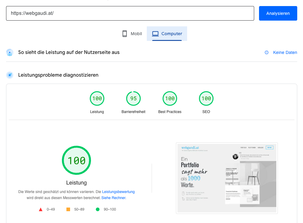 Screenshot Google Page Insights webgaudi.at