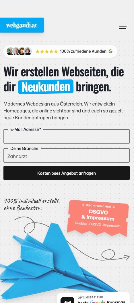 Mobiler Screenshot von webgaudi.at mit einer mobil optimierten Website für Selbstständige und kleine Unternehmen