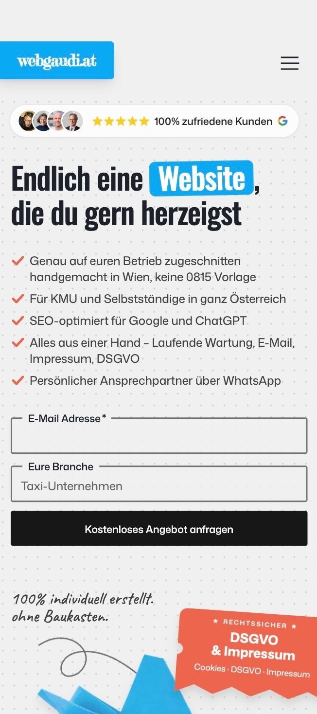 Mobiler Screenshot von webgaudi.at mit einer mobil optimierten Website für Selbstständige und kleine Unternehmen