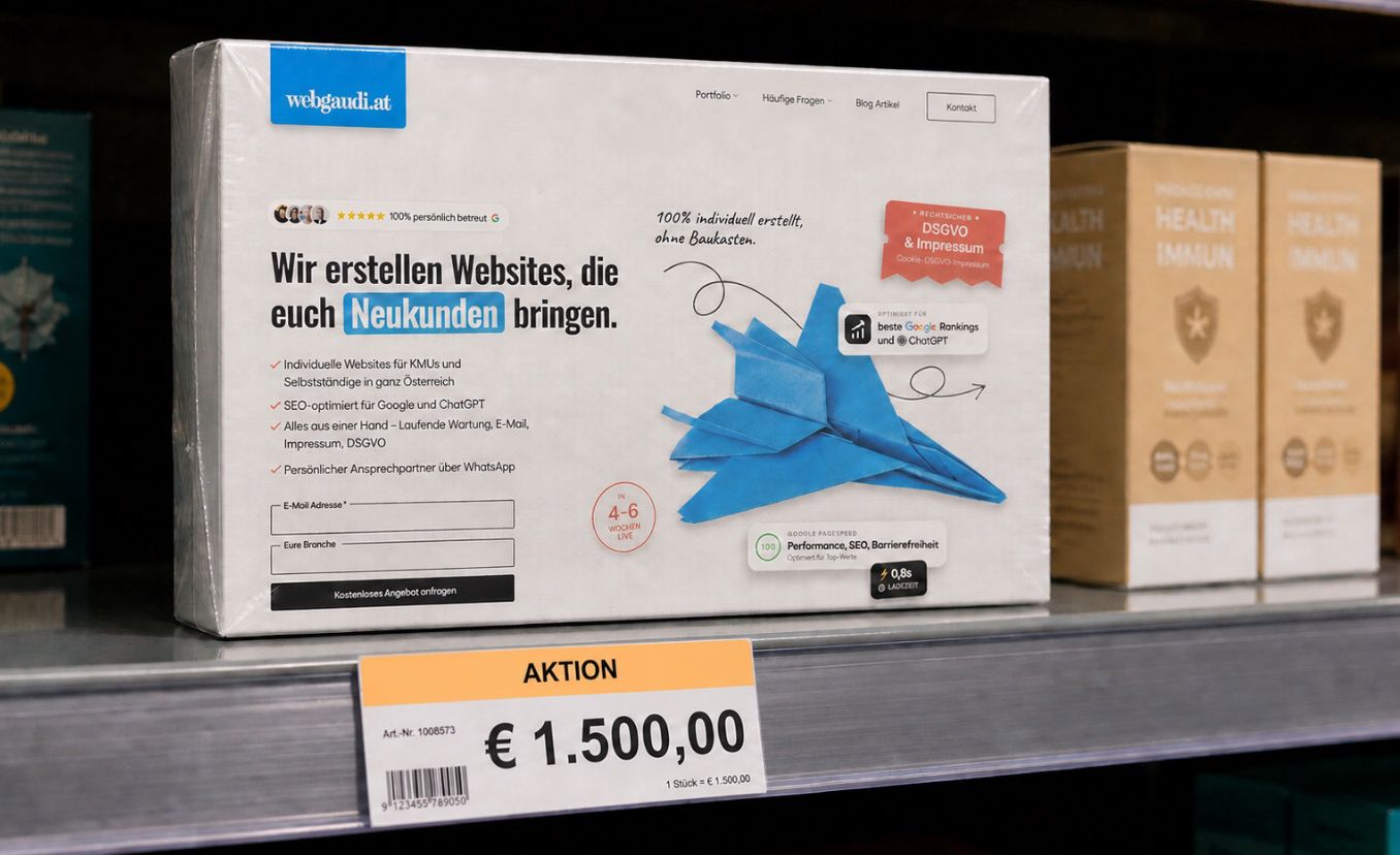 Eine Website von webgaudi.at als verpacktes Produkt im Supermarktregal, davor ein Preisschild mit dem Fixpreis 1.500 Euro