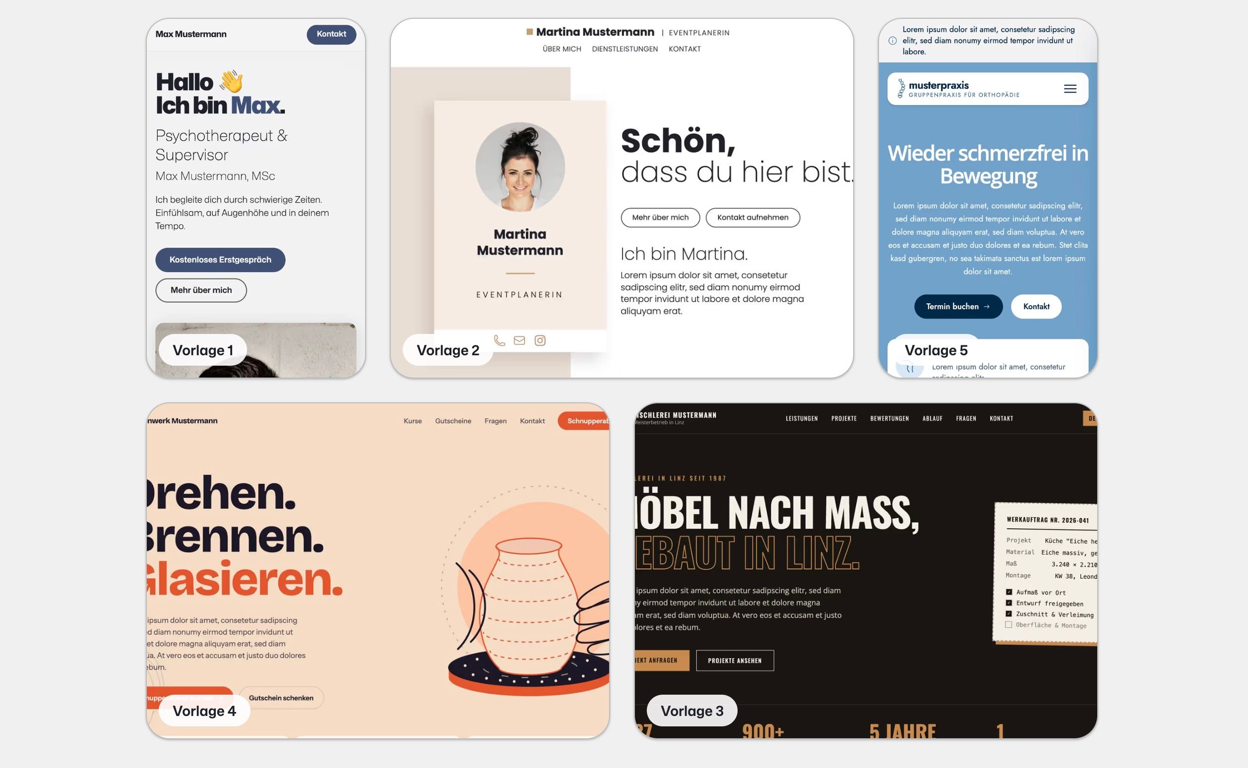 Collage der fünf Website-Vorlagen, aus denen webgaudi eine günstige Website erstellt