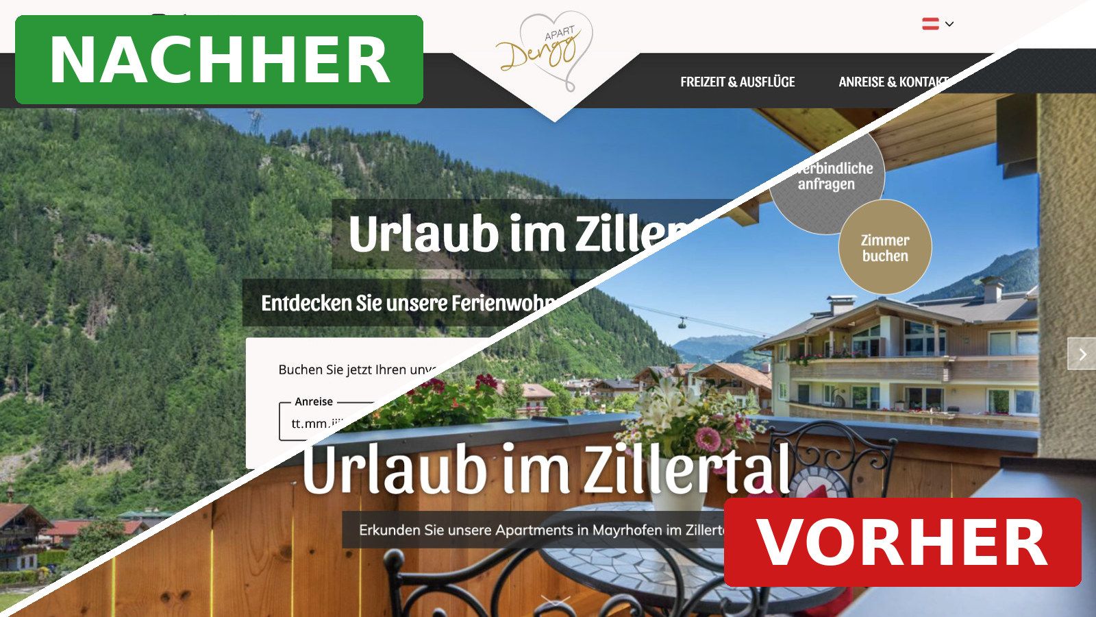 Vorher-Nachher-Vergleich einer von webgaudi nachgebauten Website (Apartments Dengg)
